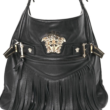 Versace Calfskin Palazzo Fringe Shoulder Bag Black 8 of 13