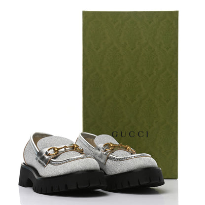 Gucci Mini Diamond Storm Silk Calfskin Womens Harald Horsebit 25mm Platform Loafers 38 Silver 12 of 12