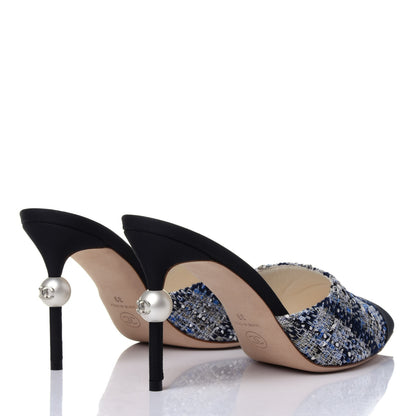 Chanel Tweed Grosgrain Pearl Mules 39 Navy White Black 4 of 13