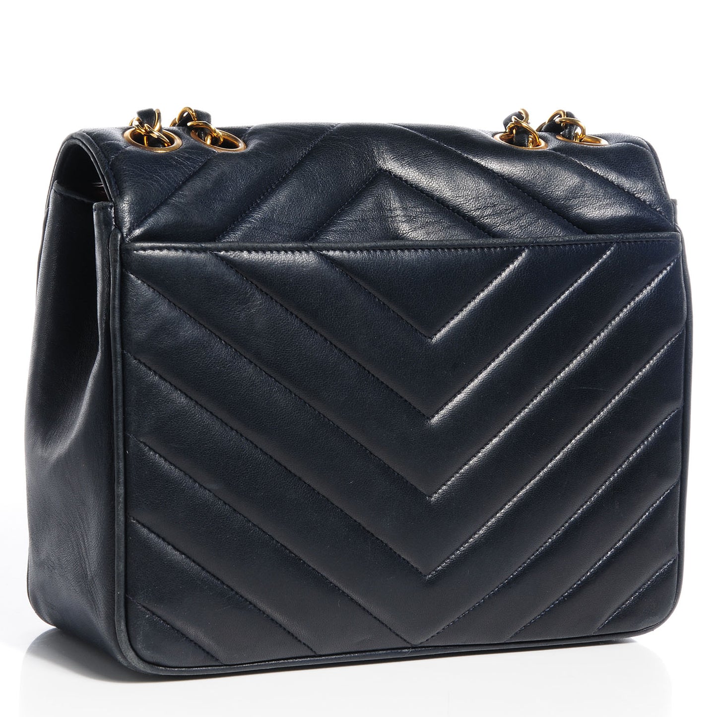 Lambskin Chevron Small Single Flap Navy Blue