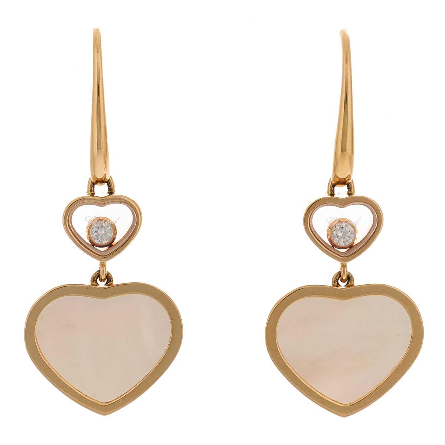 18K Rose Gold Diamond Mother of Pearl Floating Happy Diamonds Hearts Earrings