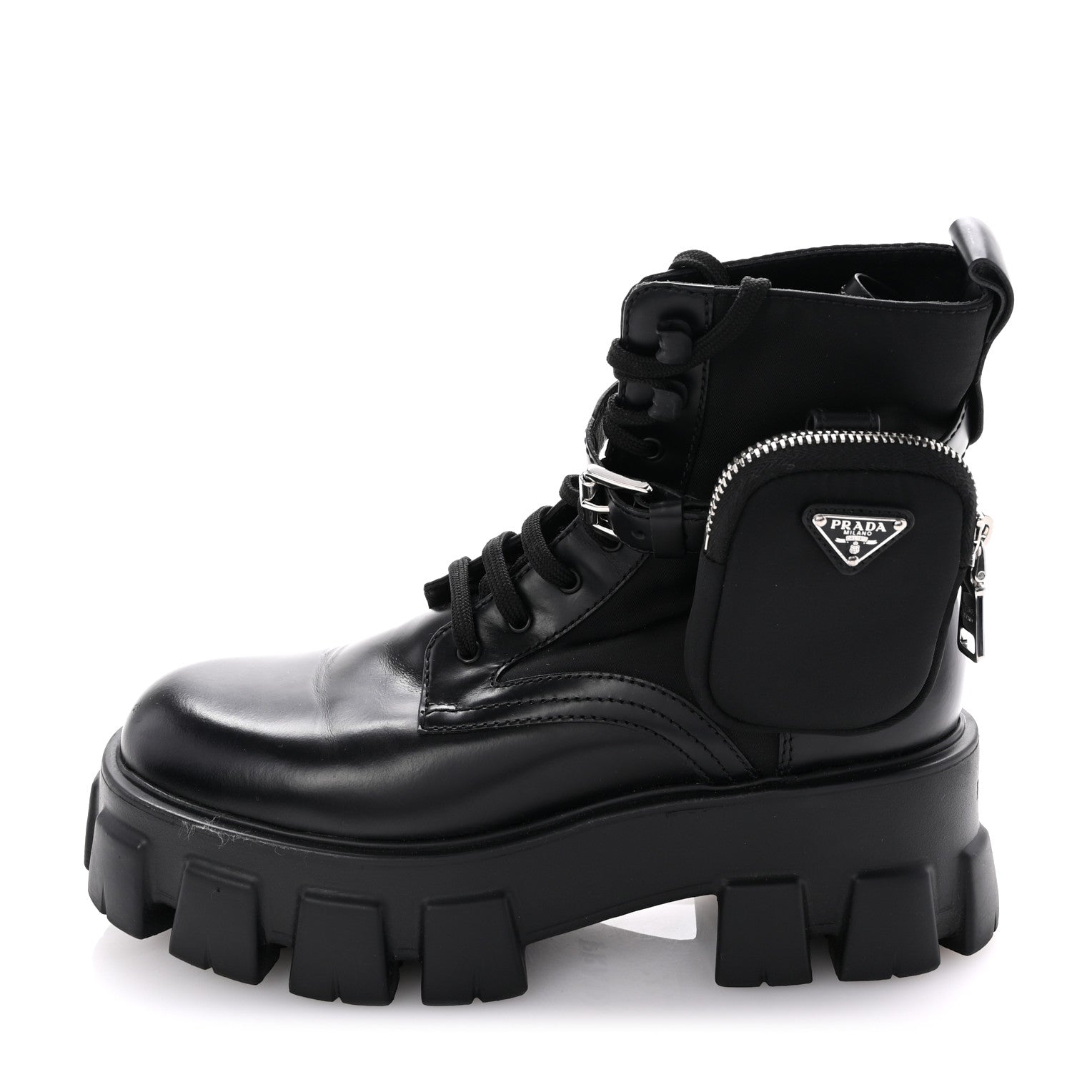 Prada Spazzolato Rois Nylon Metal Triangle Logo Monolith Pouch Pocket 55mm Boots 38 Black 1 of 10