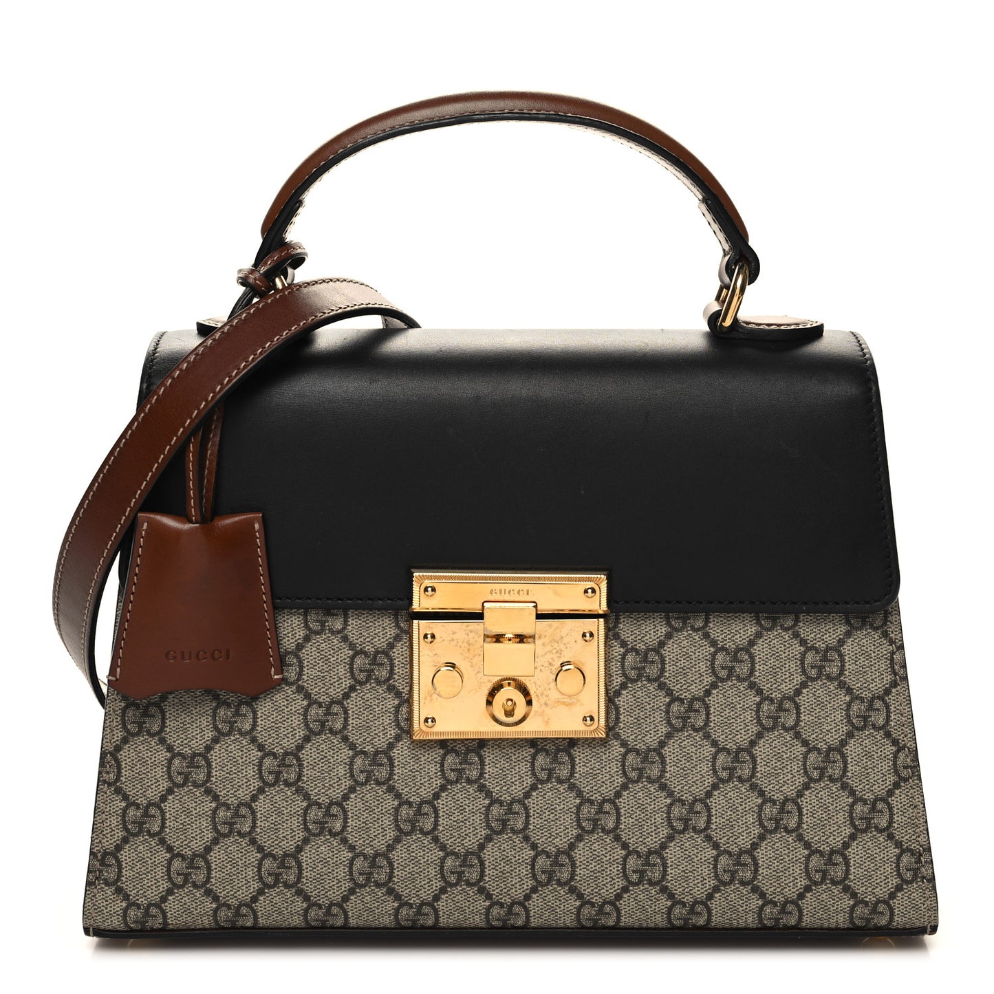 GG Supreme Monogram Calfskin Small Padlock Top Handle Bag Beige Black Cuir