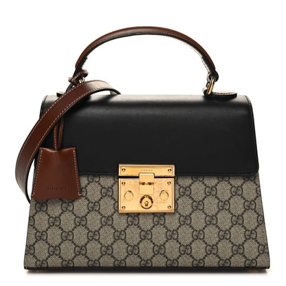 Gucci GG Supreme Monogram Calfskin Small Padlock Top Handle Bag Beige Black Cuir 1 of 15