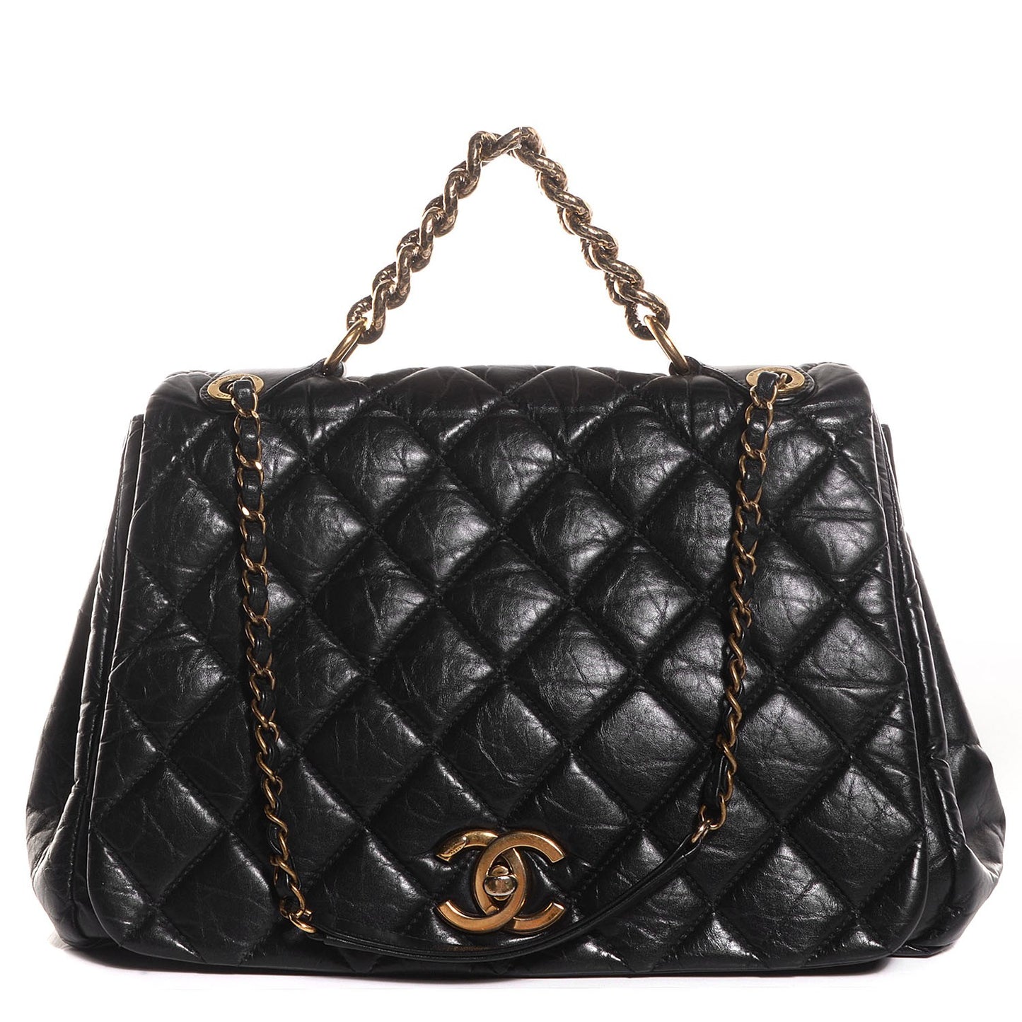 Aged Calfskin Quilted Large Pondichery Flap Black
