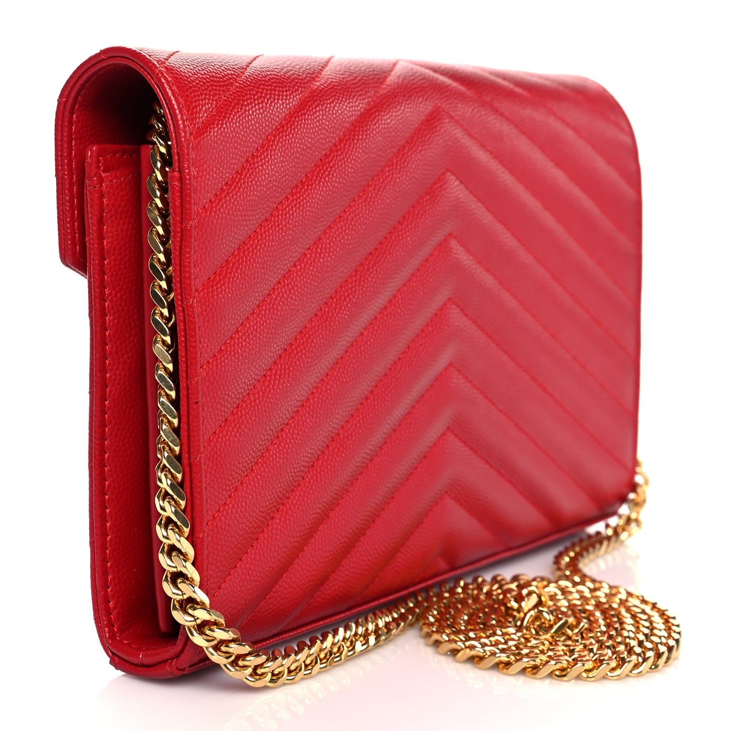 Grain De Poudre Matelasse Chevron Monogram Envelope Chain Wallet New Red