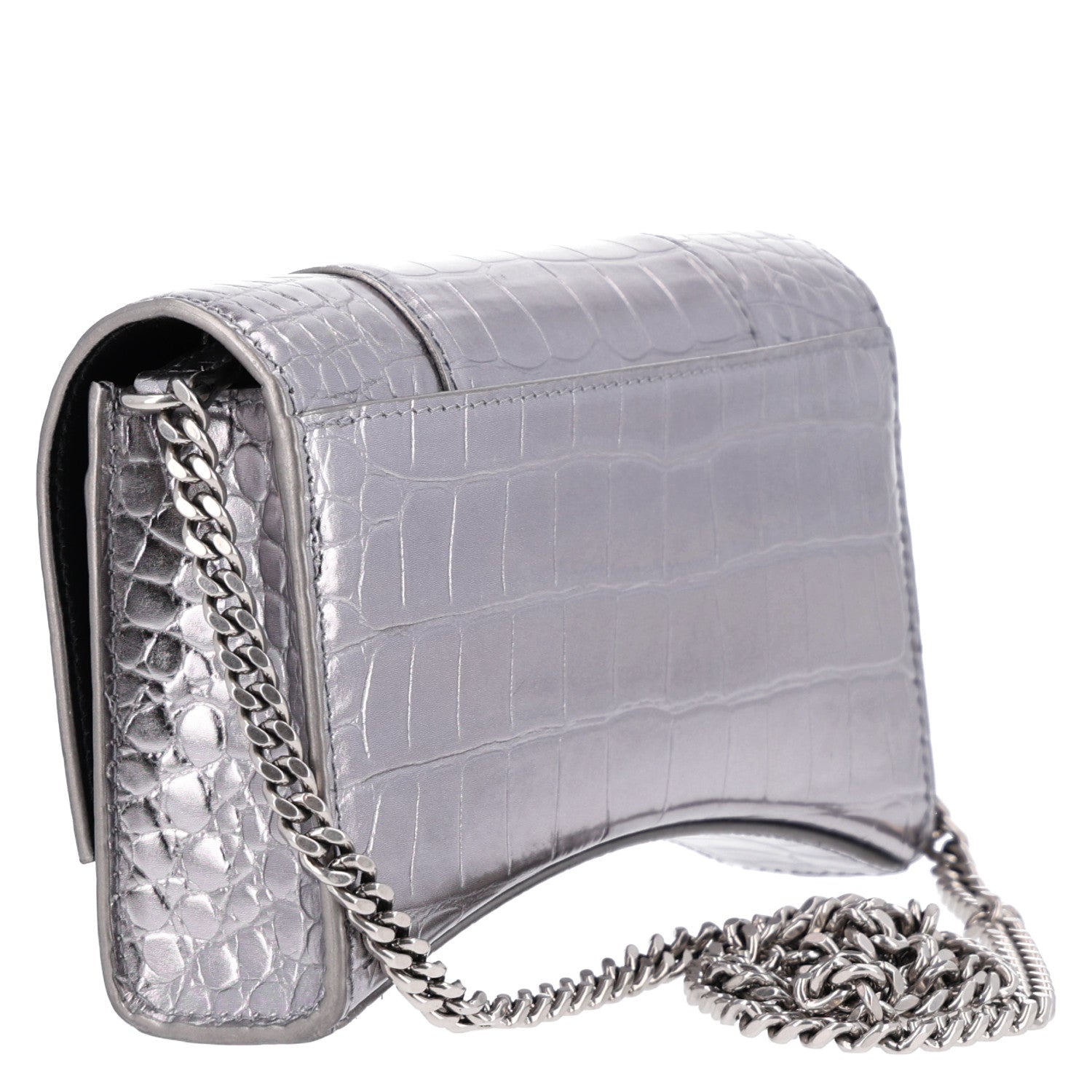 Balenciaga Metallic Calfskin Crocodile Embossed Hourglass Chain Bag Silver 2 of 9