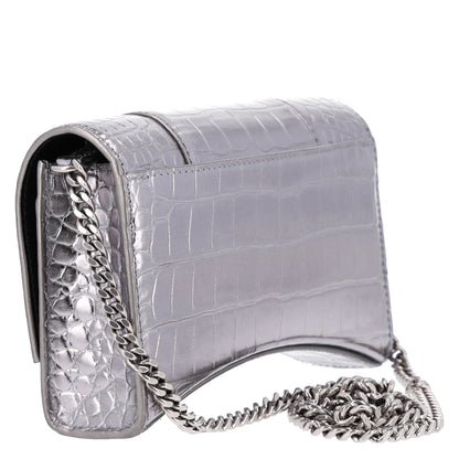Balenciaga Metallic Calfskin Crocodile Embossed Hourglass Chain Bag Silver 2 of 9