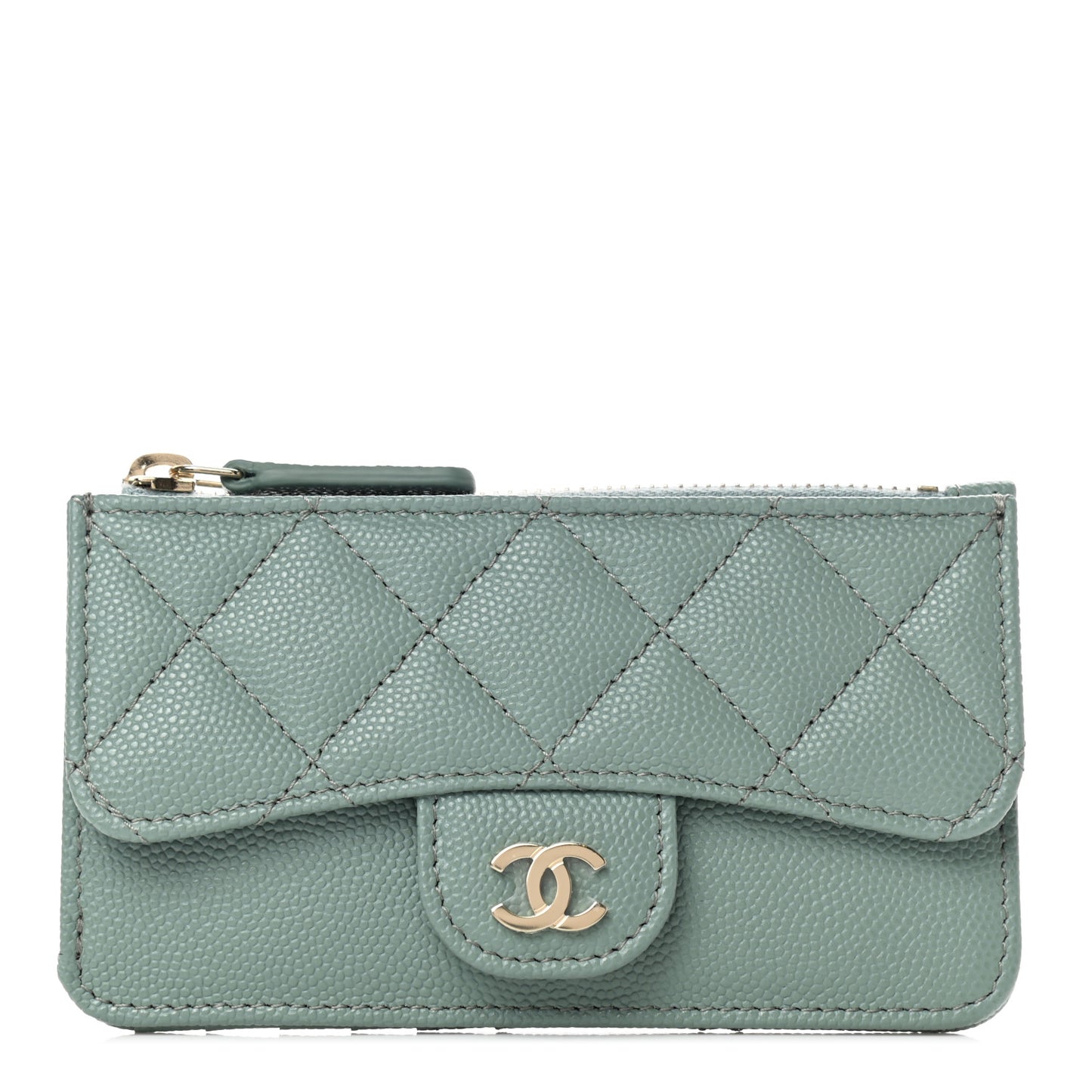 Caviar Quilted Flap Zip Card Holder Dark Green
