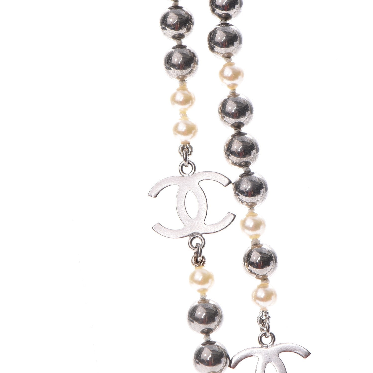 Chanel Pearl CC Long Necklace Silver Pearly White Grey 4 of 6