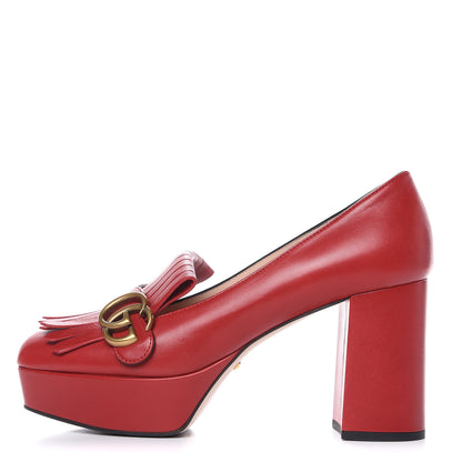 Gucci Malaga Kid GG Marmont Fringe Platform Loafer Pumps 38 Hibiscus Red 1 of 11