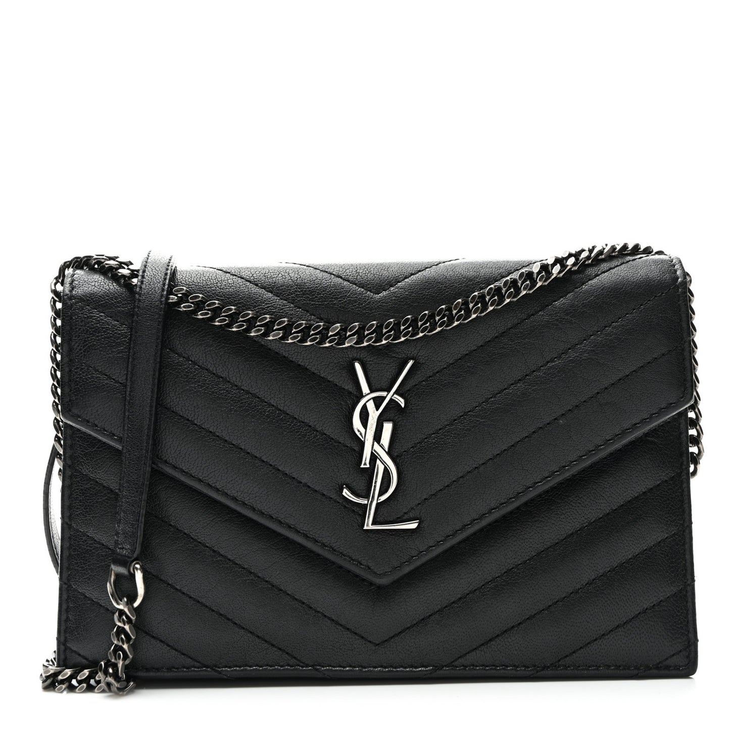 Calfskin Matelasse Chevron Monogram Envelope Chain Wallet Black