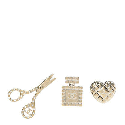 Chanel Metal Strass Crystal Quilted CC Heart Scissors Perfume Brooch Set Gold 1 of 5