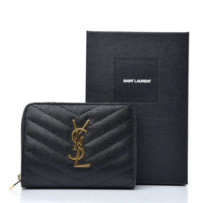 Saint Laurent Grain De Poudre Matelasse Chevron Monogram Compact Zip Around Wallet Black 7 of 7