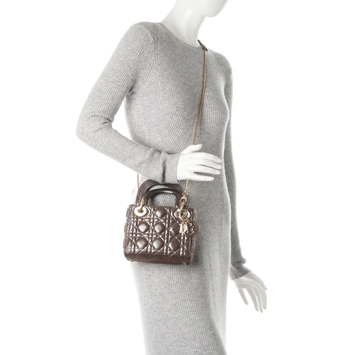 Metallic Calfskin Cannage Mini Lady Dior Brown