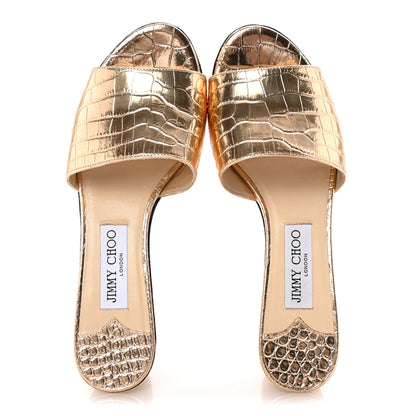 Jimmy Choo Metallic Calfskin Crocodile Embossed Cork DeeDee Platform Wedge Slide Sandals 37.5 Gold 2 of 8