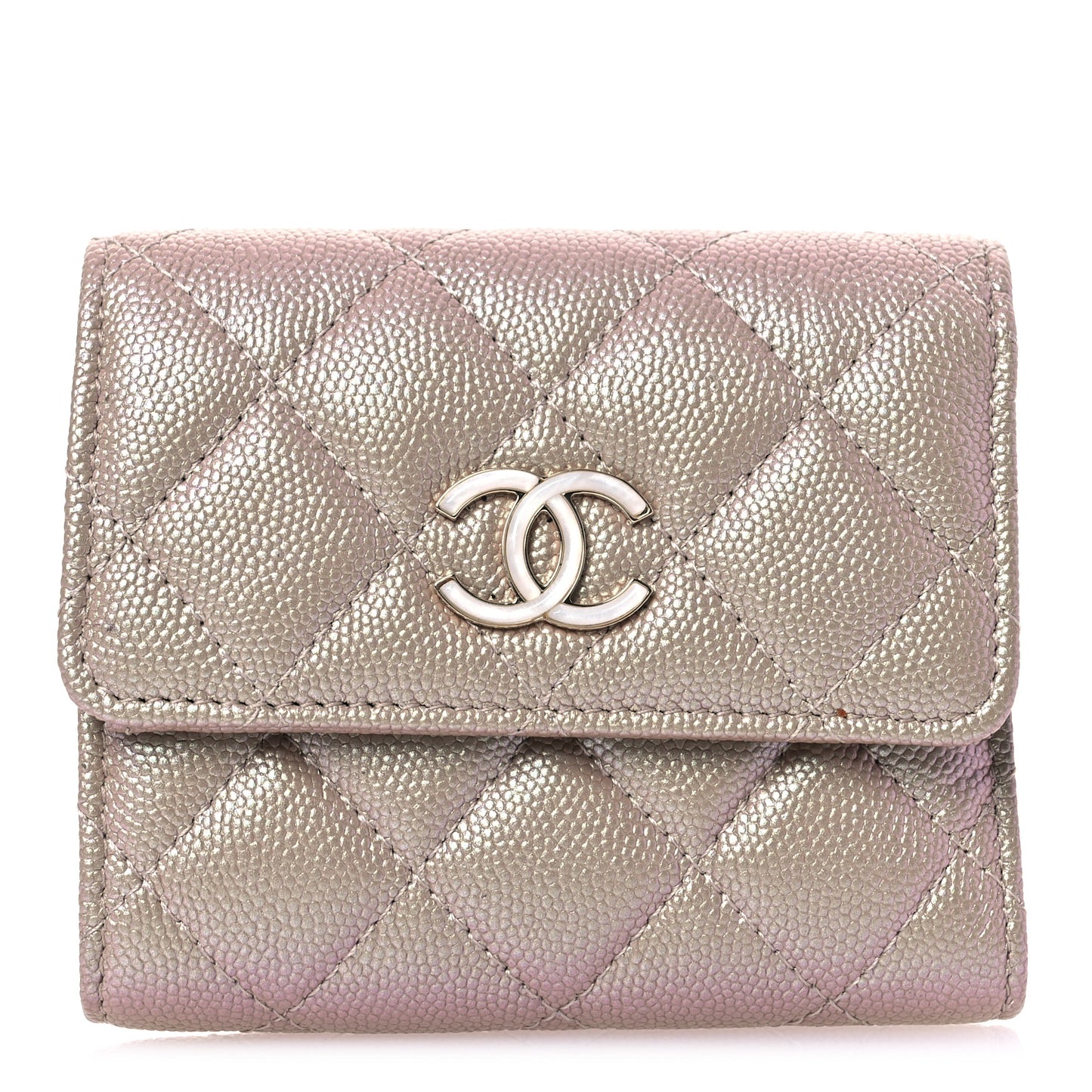 Iridescent Caviar Quilted Small Flap Wallet Beige