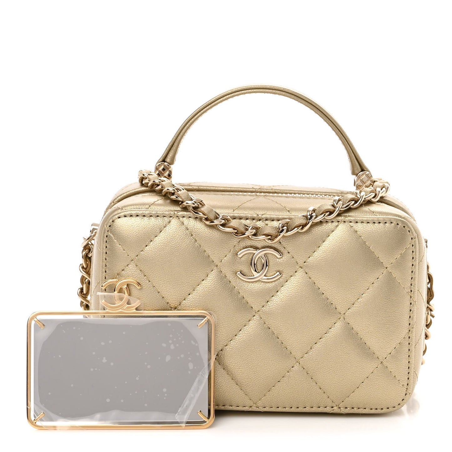 Metallic Lambskin Quilted Small Top Handle Vanity Case Gold
