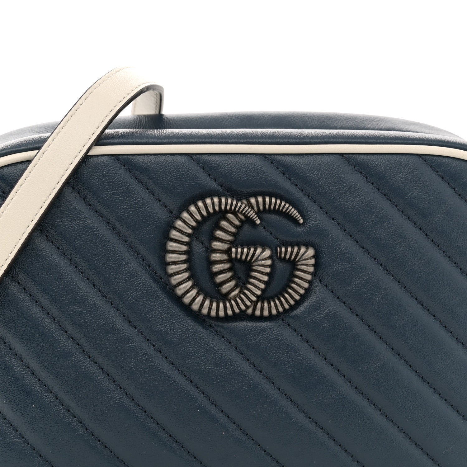 Gucci Vintage Effect Calfskin Matelasse Diagonal Small Torchon GG Marmont Chain Shoulder Bag Blue Agata Mystic White 8 of 11
