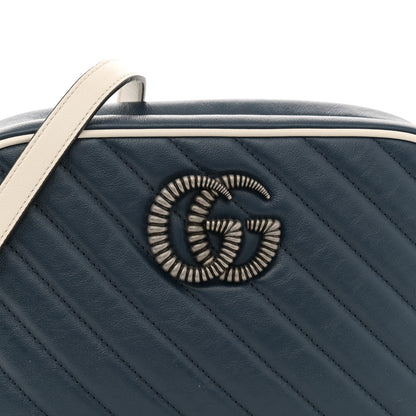 Gucci Vintage Effect Calfskin Matelasse Diagonal Small Torchon GG Marmont Chain Shoulder Bag Blue Agata Mystic White 8 of 11