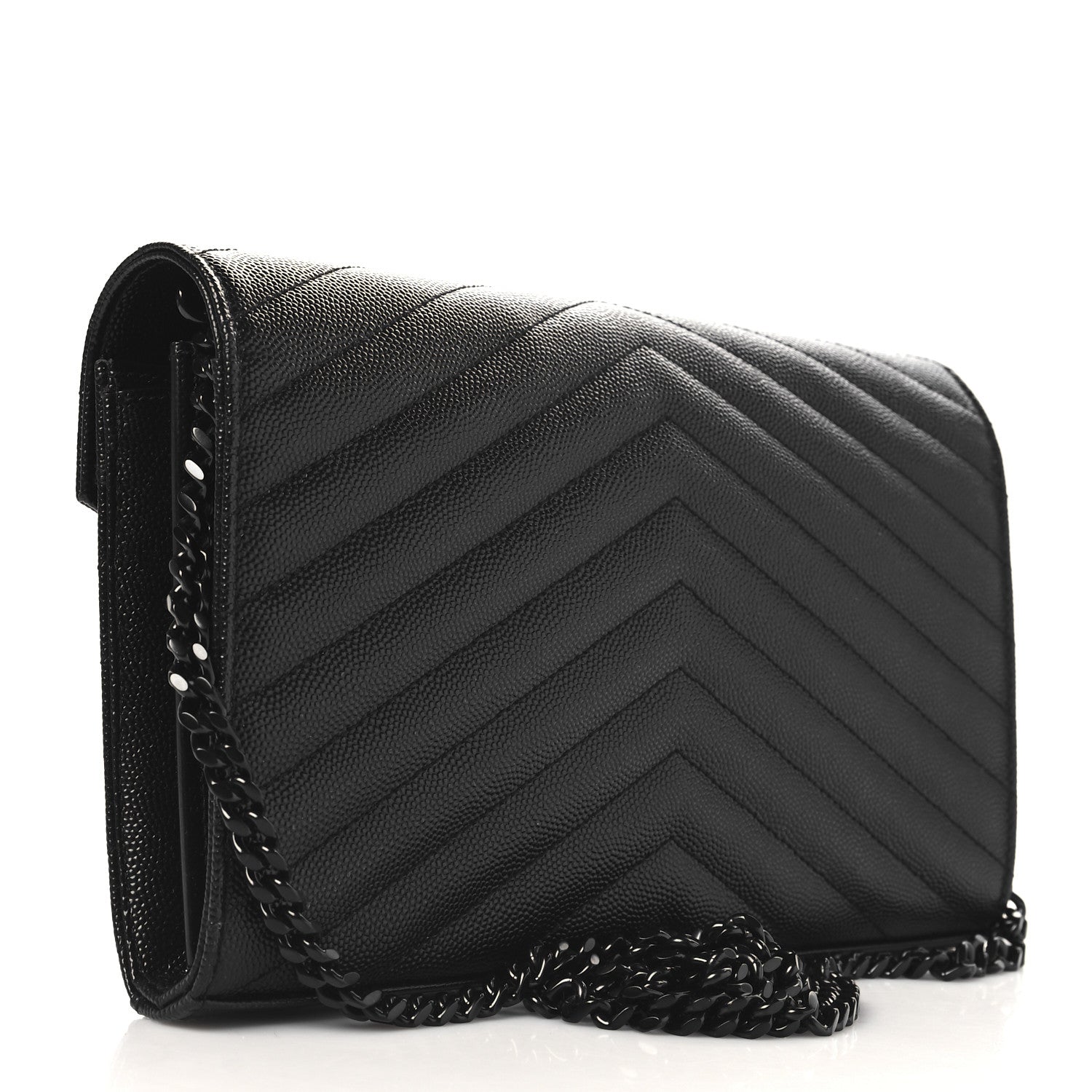 Saint Laurent Grain De Poudre Matelasse Chevron Monogram Monochrome Chain Wallet Black 3 of 10