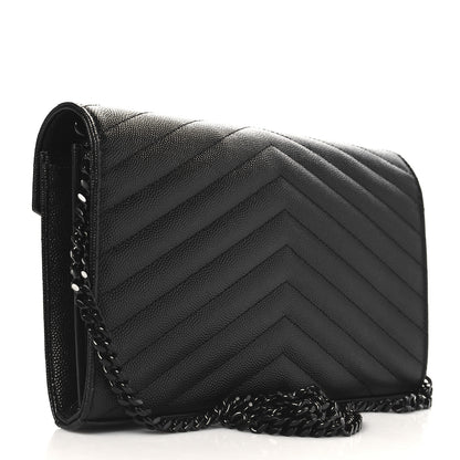 Saint Laurent Grain De Poudre Matelasse Chevron Monogram Monochrome Chain Wallet Black 3 of 10