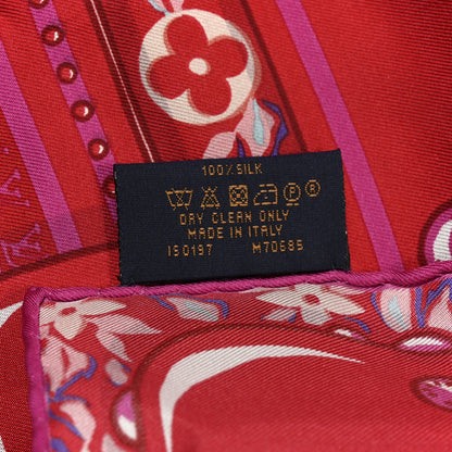 Louis Vuitton Silk Monogram Trunk Floral Print Square Scarf Red Multicolor 3 of 4