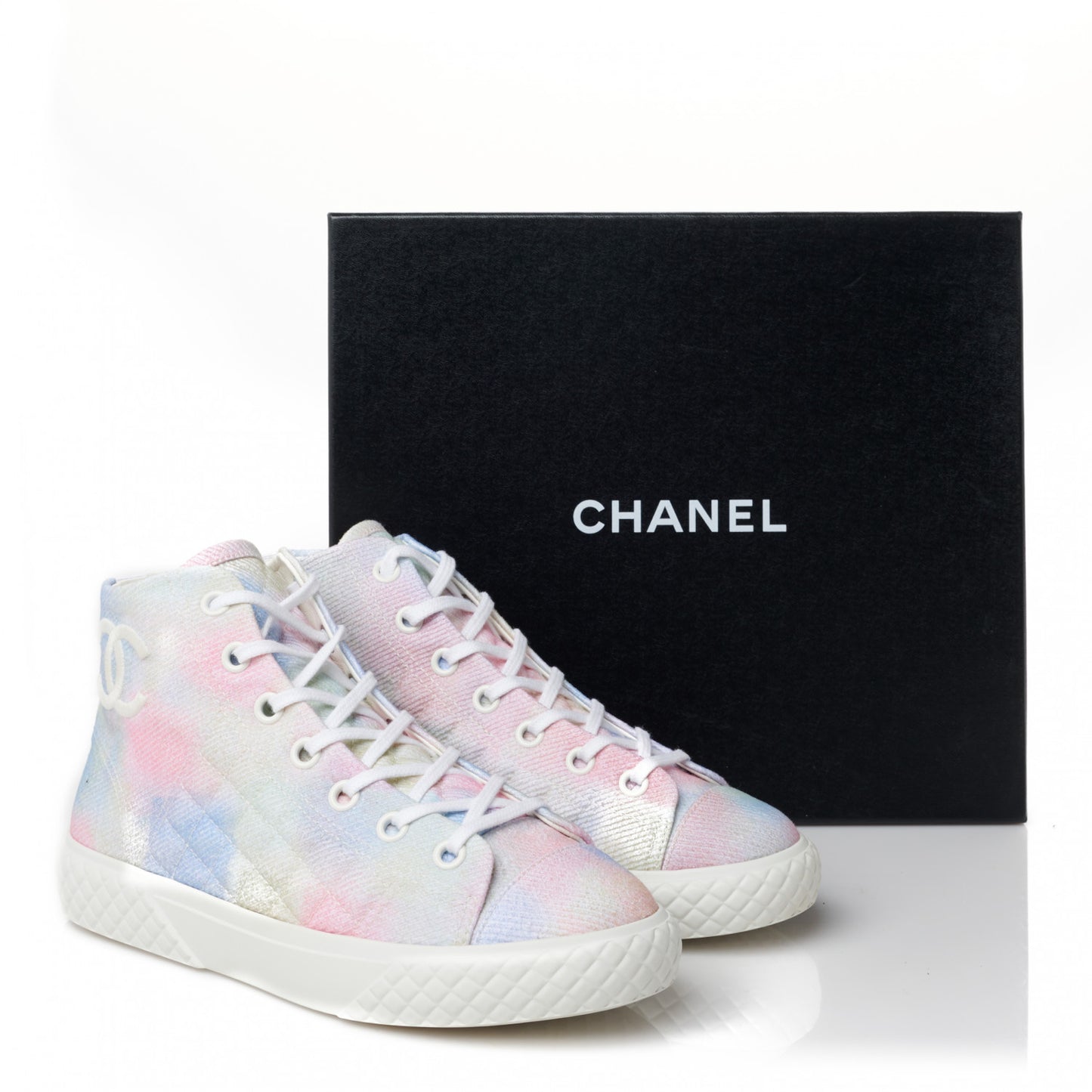Printed Fabric High Top CC Sneakers 38.5 Green Pink Blue White