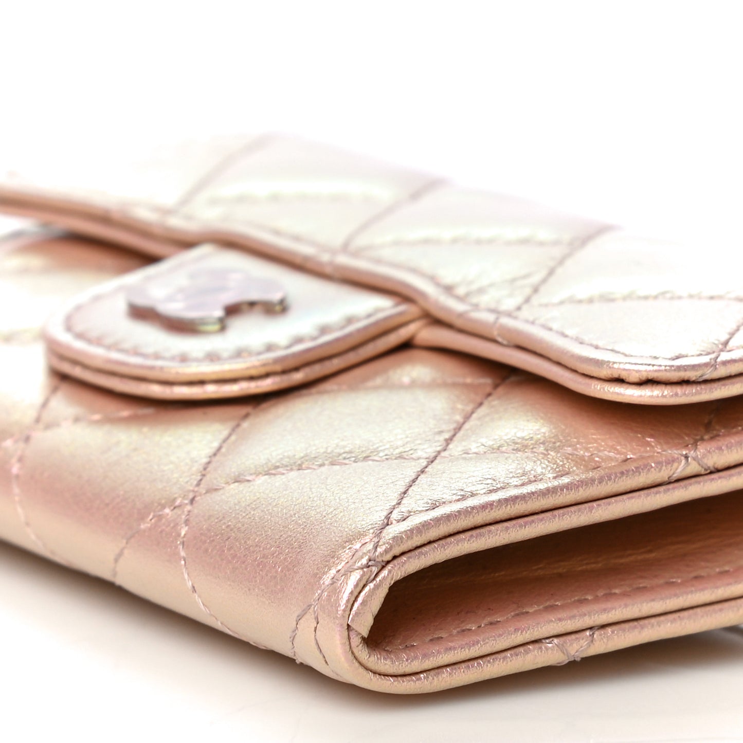Iridescent Calfskin Quilted Flap Card Holder Wallet Pink