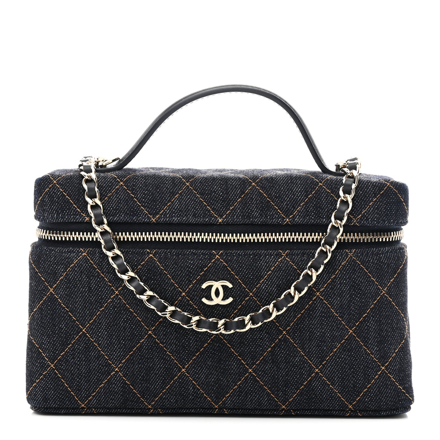 Denim Quilted Top Handle Slim Vanity Case With Chain Dark Blue Orange