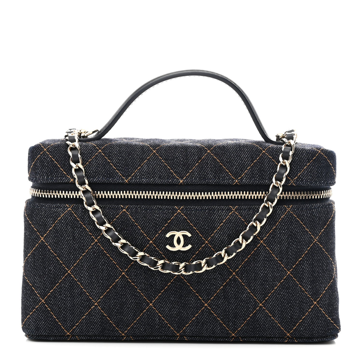Chanel Denim Quilted Top Handle Slim Vanity Case With Chain Dark Blue Orange 1 of 11