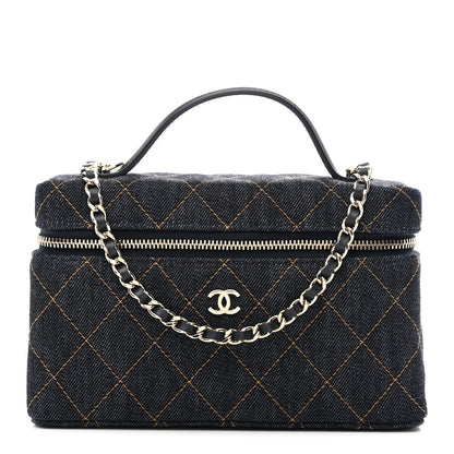 Chanel Denim Quilted Top Handle Slim Vanity Case With Chain Dark Blue Orange 1 of 11