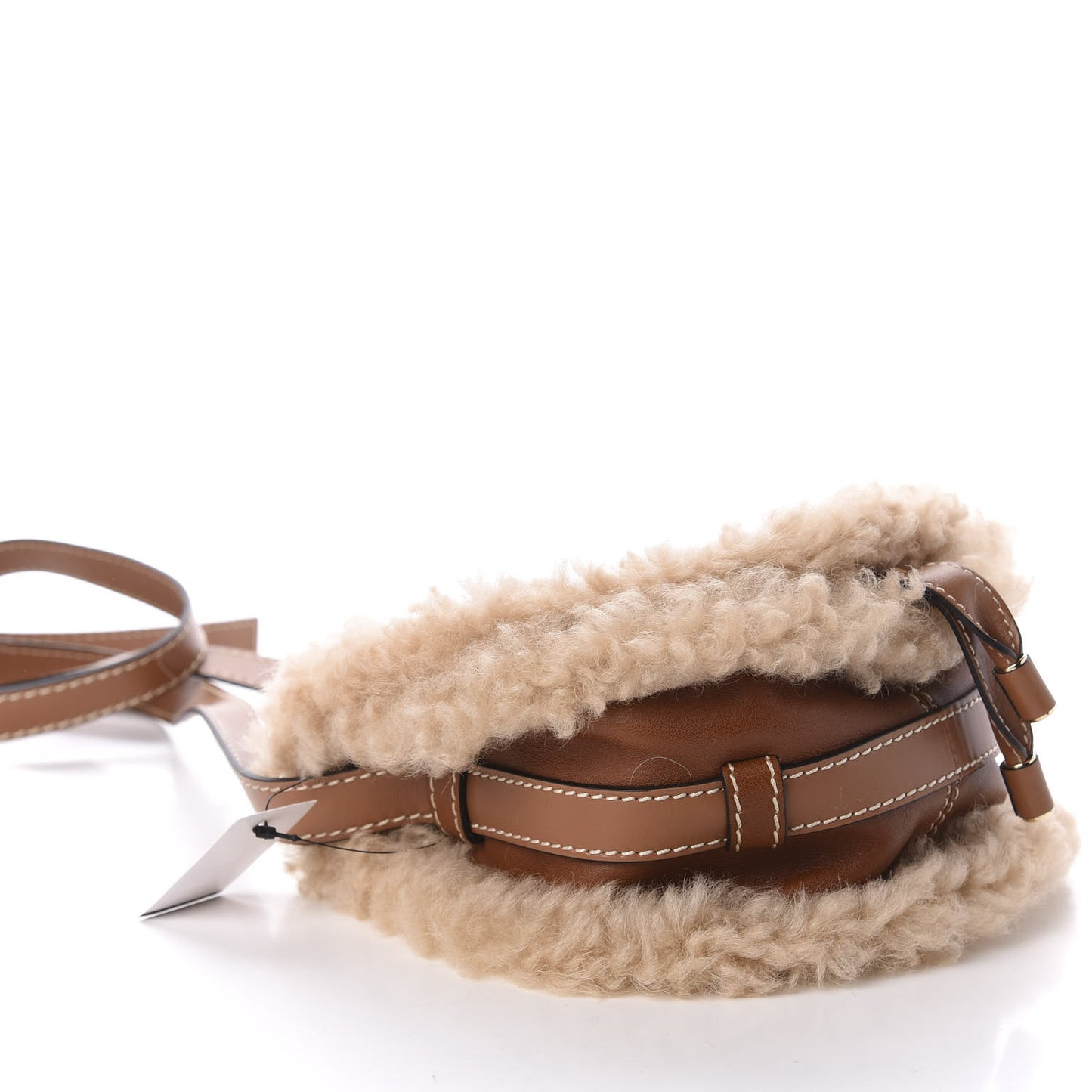 Small Grain Shiny Calfskin Shearling Small Marcie Round Crossbody Bag Caramel