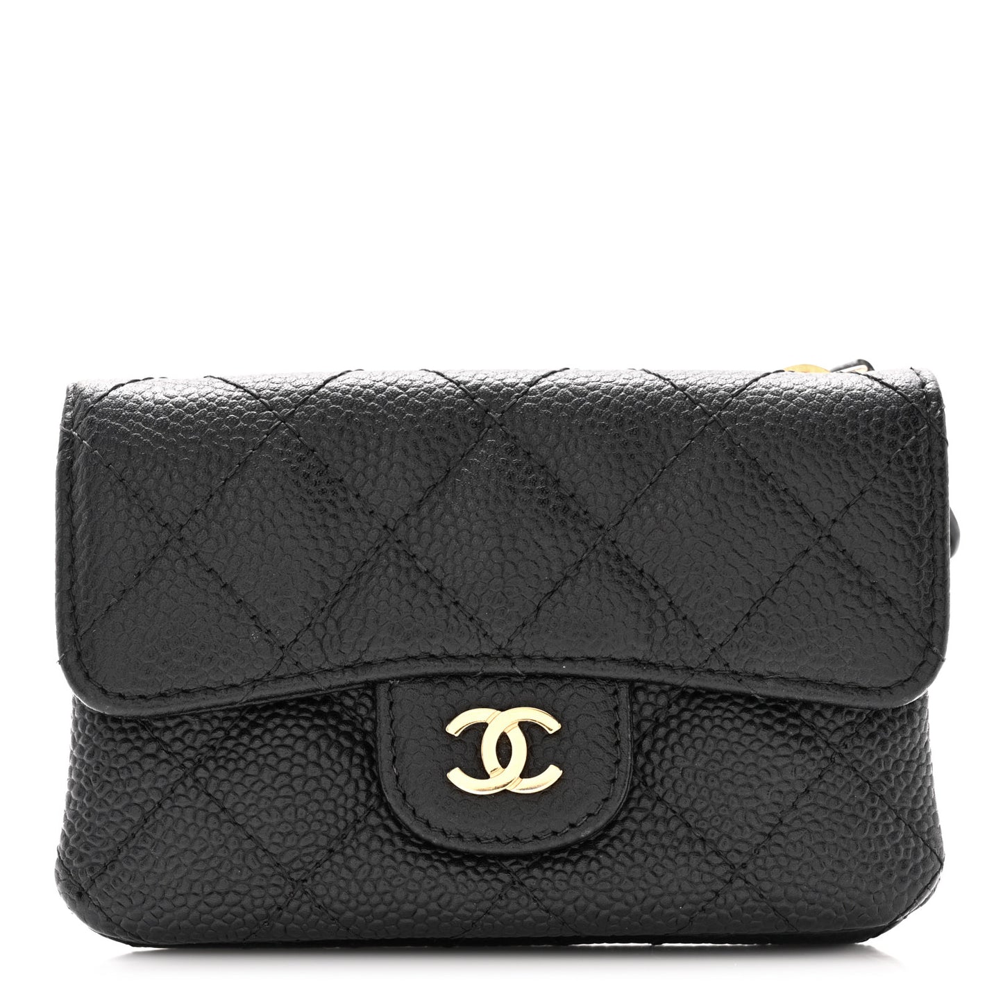Caviar Quilted Flap Zip Card Holder Black