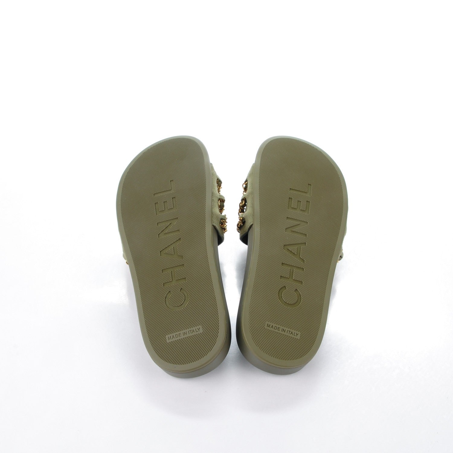 Chanel Lambskin Canvas Chain Flat Sandals 37 Green 5 of 7