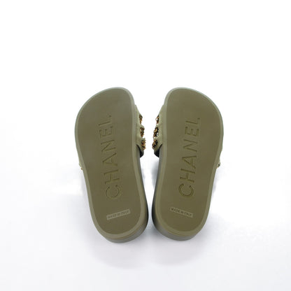 Chanel Lambskin Canvas Chain Flat Sandals 37 Green 5 of 7