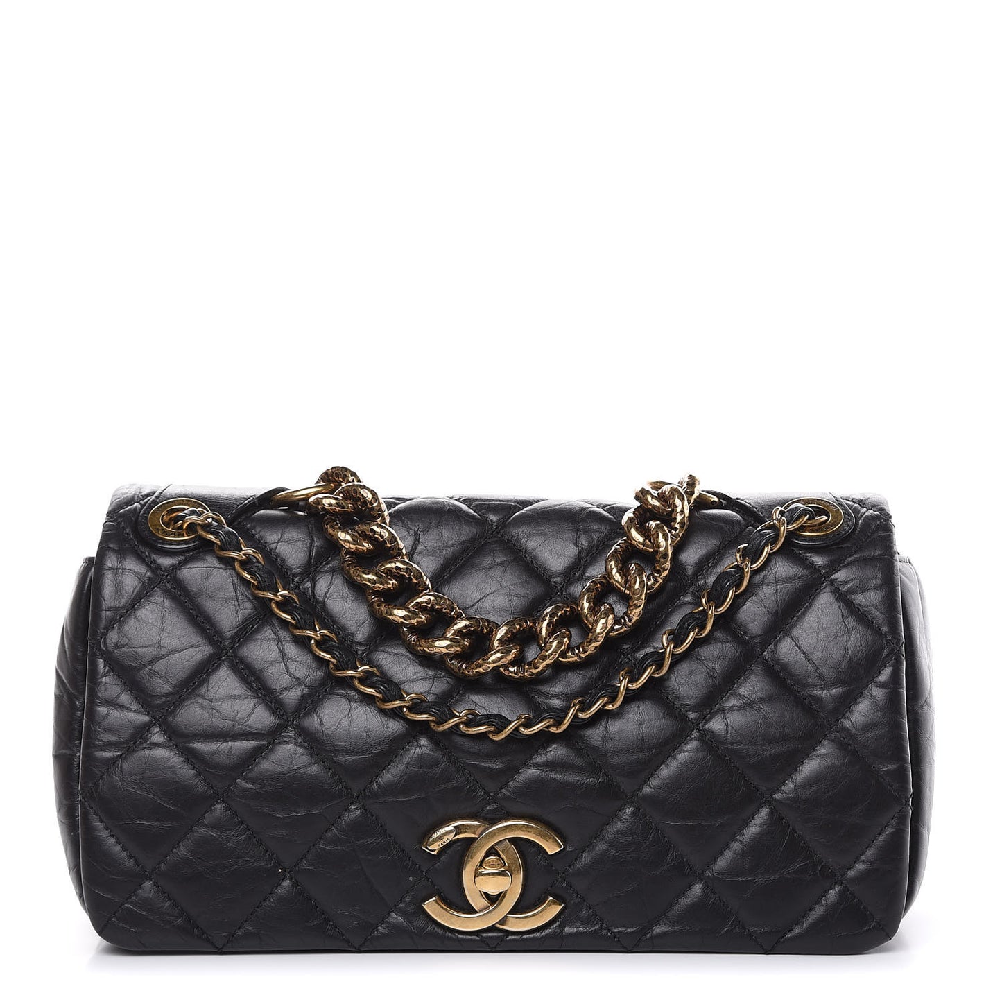 Aged Calfskin Quilted Small Pondichery Flap Black