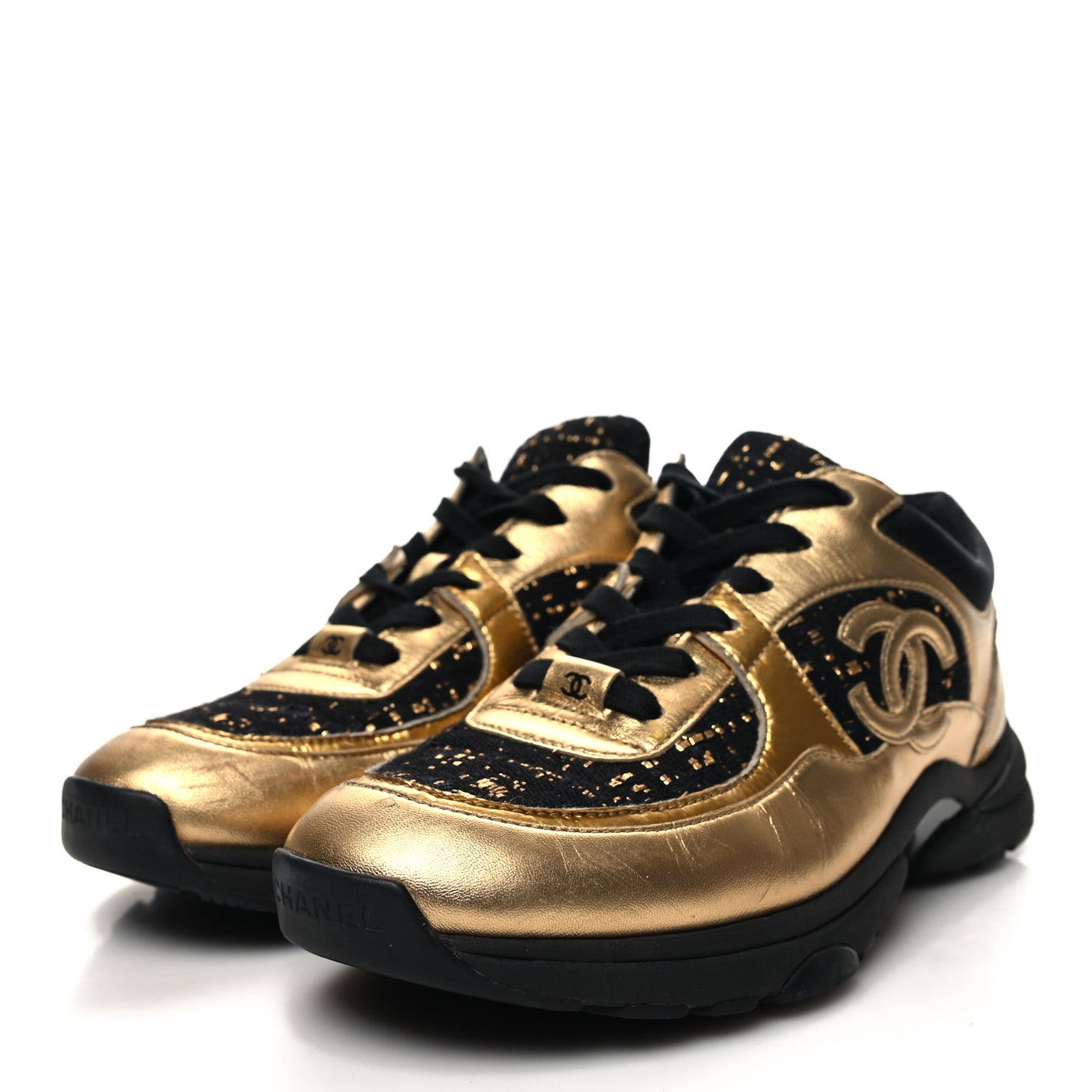 Satin Lambskin Fabric Tweed CC Sneakers 38.5 Gold Black