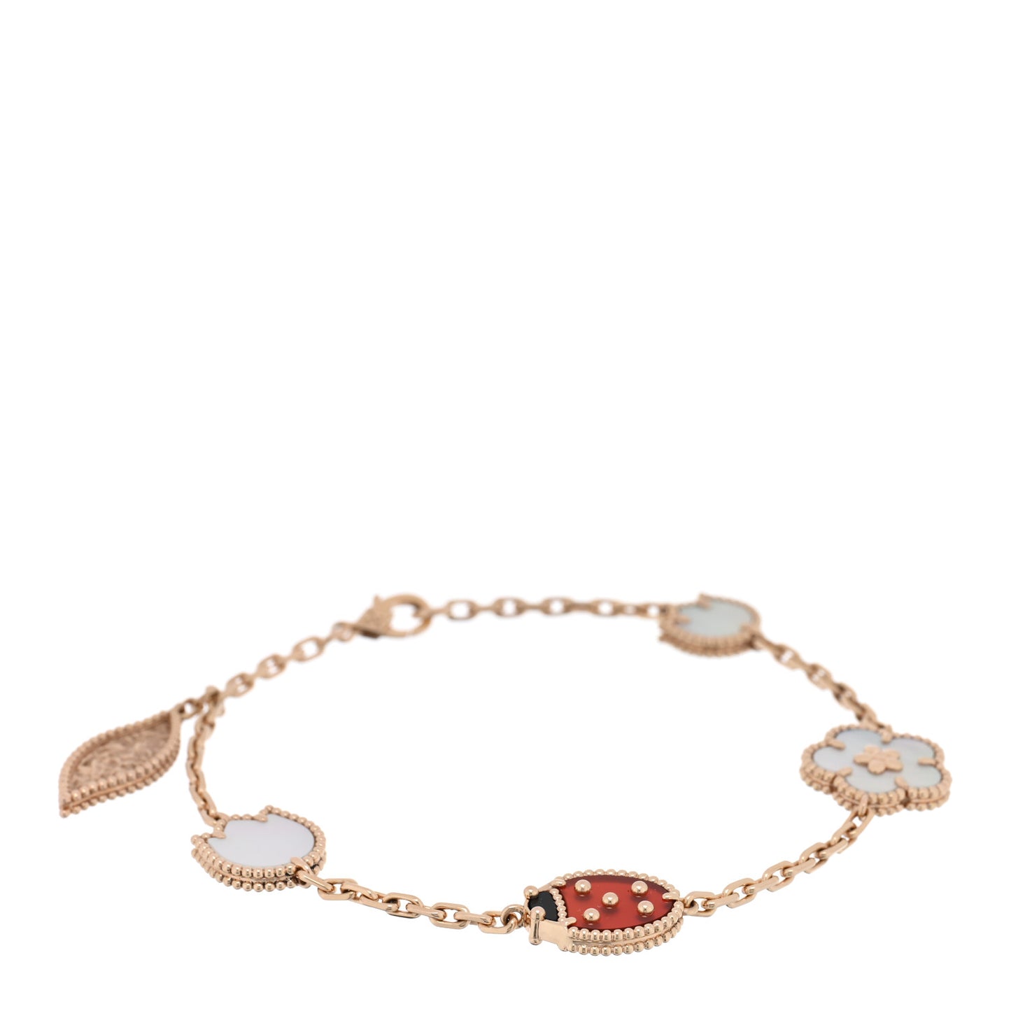 18K Rose Gold Carnelian Mother of Pearl Onyx 5 Motifs Lucky Spring Bracelet