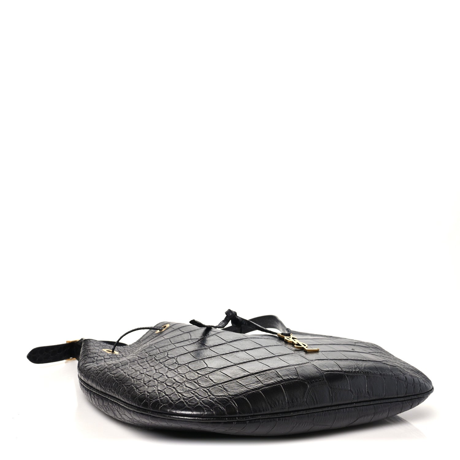 Saint Laurent Calfskin Crocodile Embossed Paris VII Large Flat Hobo Black 5 of 11