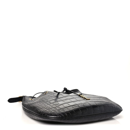 Saint Laurent Calfskin Crocodile Embossed Paris VII Large Flat Hobo Black 5 of 11