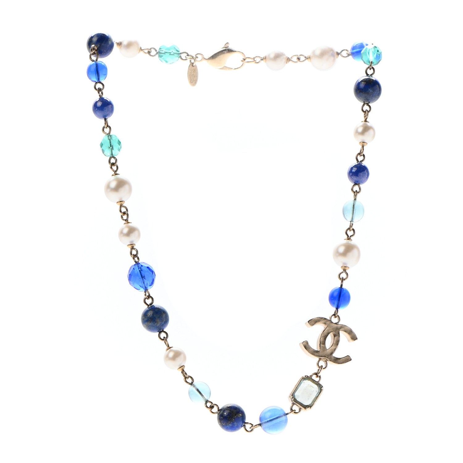 Chanel Ruthenium Pearl Beaded CC Short Necklace Silver Blue 3 of 5