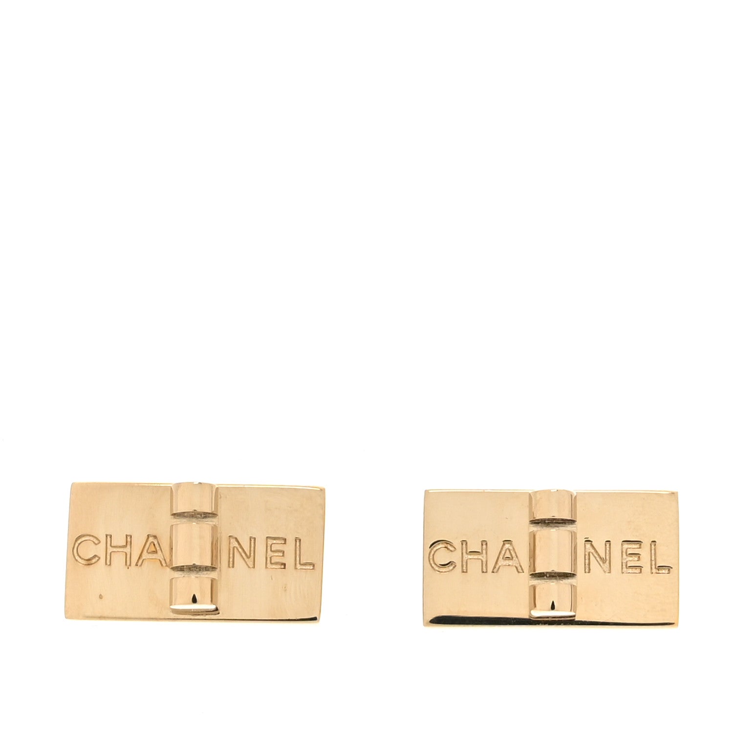 Chanel Metal Rectangle Logo Earrings Gold 1 of 7