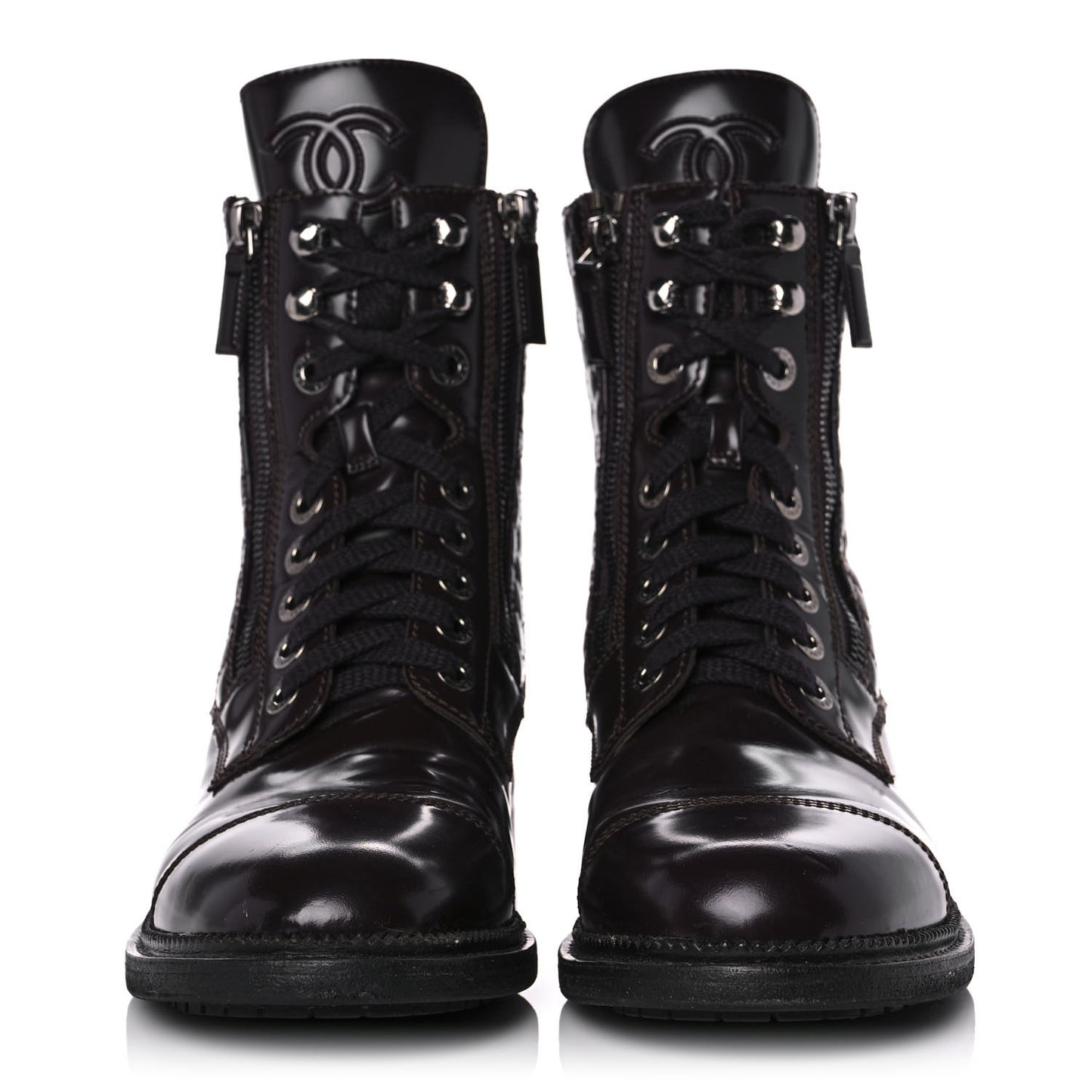 Shiny Calfskin Quilted CC Lace Up Combat Boots 39 Dark Burgundy