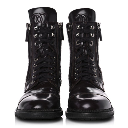 Chanel Shiny Calfskin Quilted CC Lace Up Combat Boots 39 Dark Burgundy 2 of 9