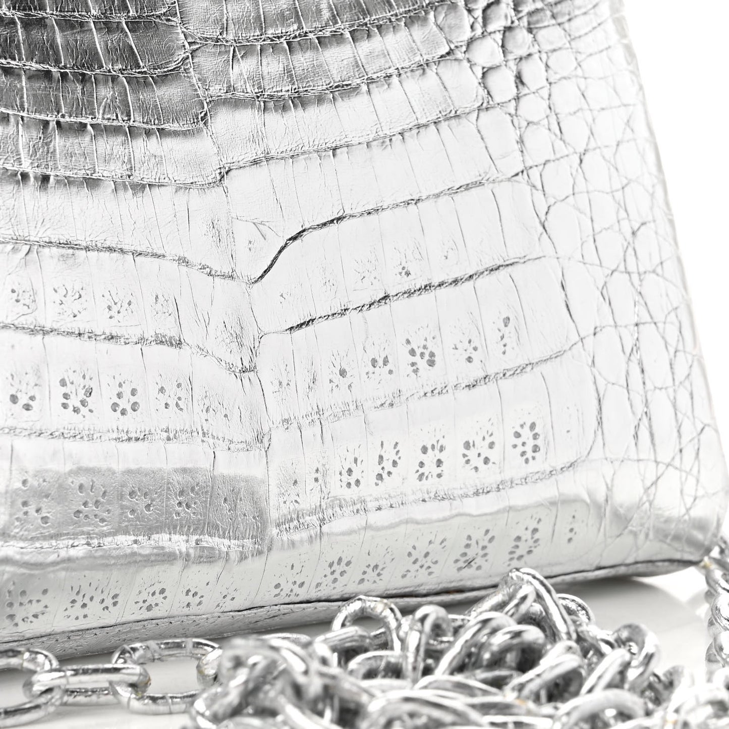 Metallic Crocodile Chain Clutch Silver
