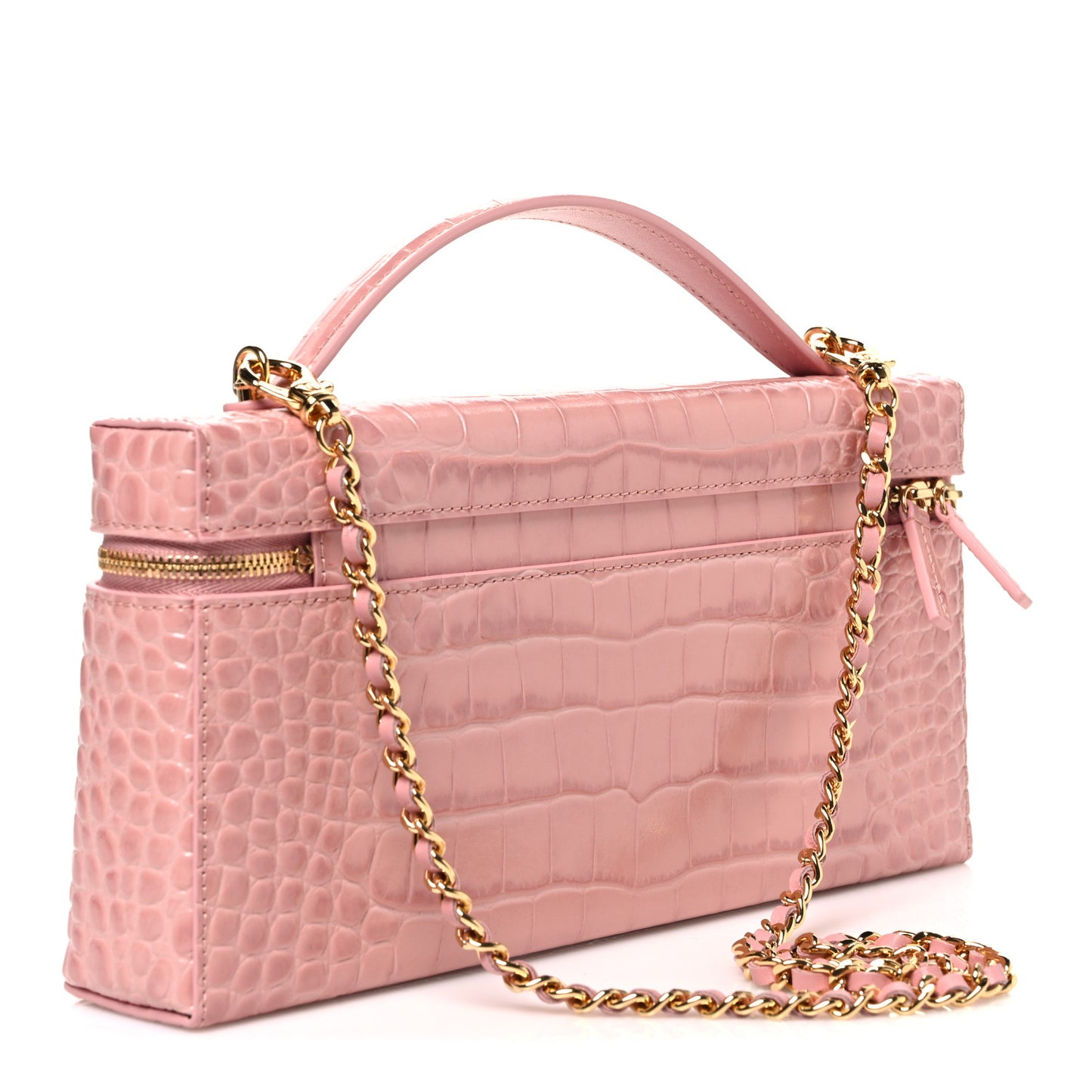 Calfskin Crocodile Embossed Crococo Top Handle Slim Vanity Case With Chain Pink