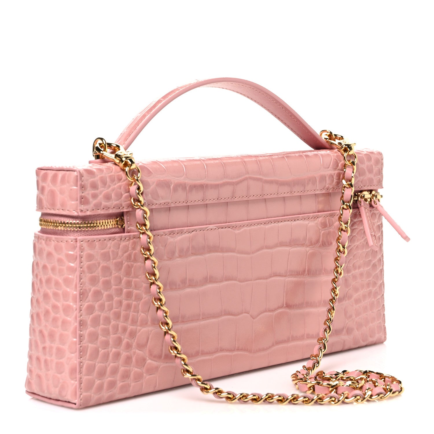 Chanel Calfskin Crocodile Embossed Crococo Top Handle Slim Vanity Case With Chain Pink 3 of 11