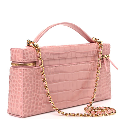 Chanel Calfskin Crocodile Embossed Crococo Top Handle Slim Vanity Case With Chain Pink 3 of 11