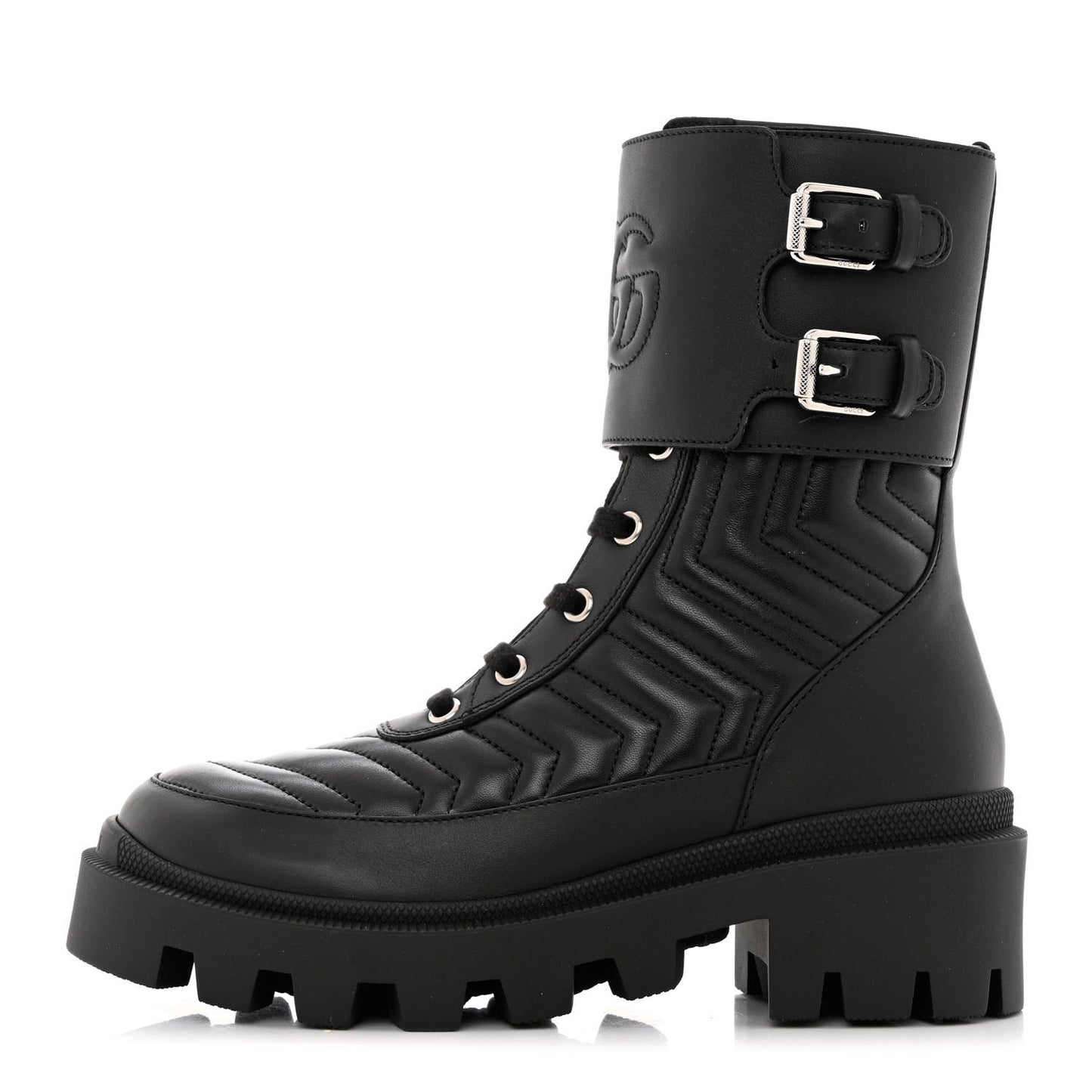 Nappa Frances GG Matelasse Platform Combat Boots 35.5 Black